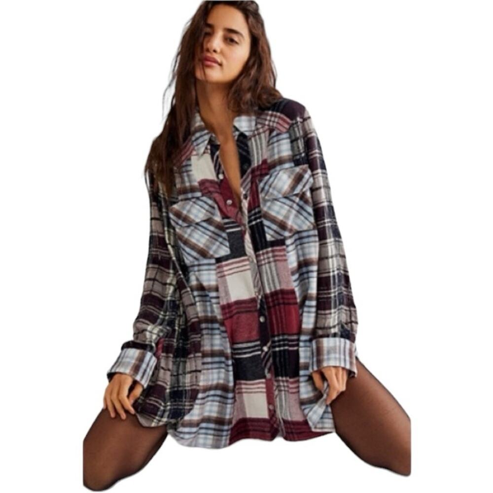 Free People Penny Plaid Mini Shirtdress Embellished Red Blue Beaded size Medium